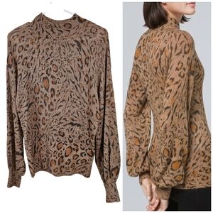 White House Black Market Animal Print Leppard Ballon Sleeve Mock Neck Sweater